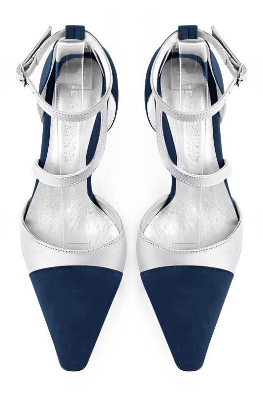 Navy blue and light silver women's open side shoes, with snake-shaped straps. Tapered toe. High slim heel. Top view - Florence KOOIJMAN